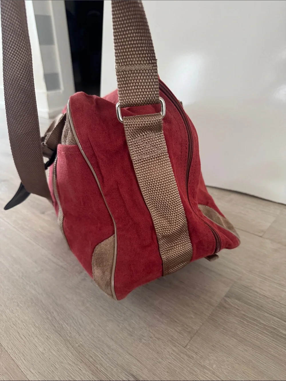 Vintage Athalon Denver USA Red Canvas Bag Tan Leather Suede Trim Duffle Travel